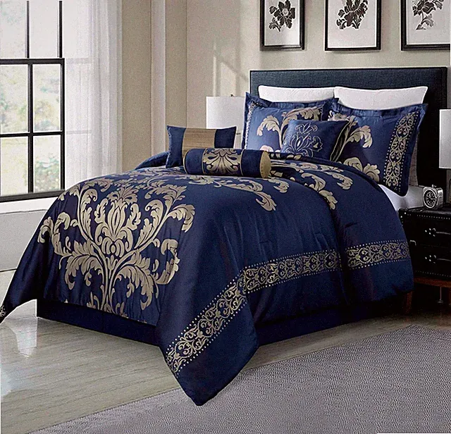 7-Piece Navy Gold Floral Jacquard Comforter Set Oversized Bedding Set