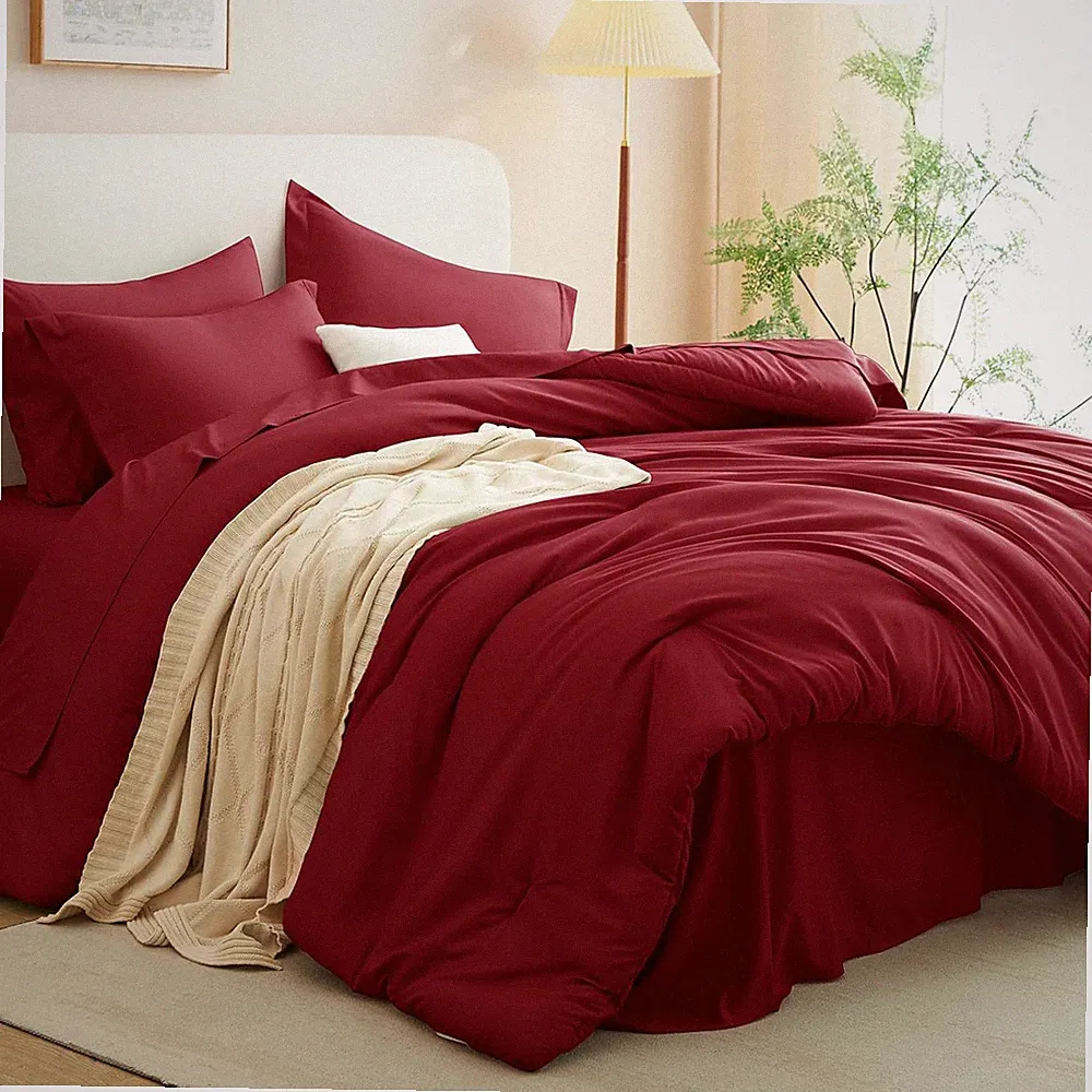 7 Pieces Bed in a Bag Queen Size Comforter Set with Sheets Dark Red