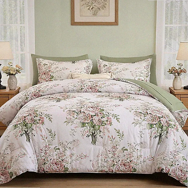 7Pieces Pink Floral Comforter Set Queen Size, Soft Microfiber White Pink Bed in
