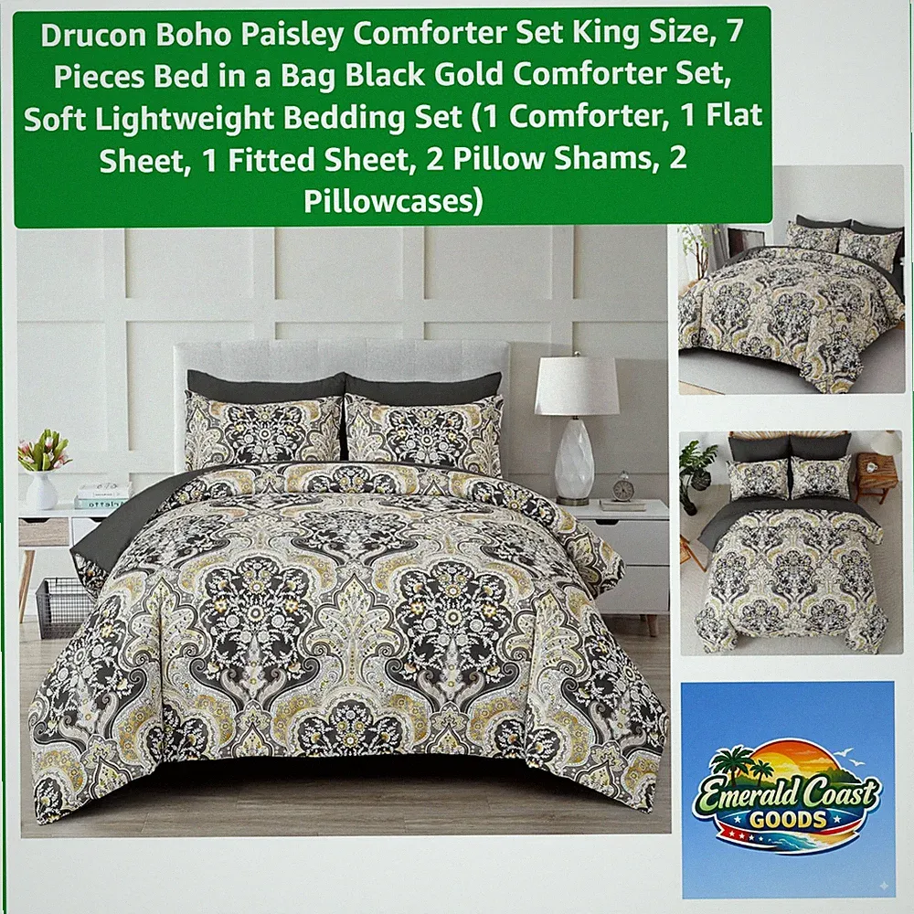 All-Season King Size Paisley Bedding Set - 7 Pieces in Luxurious Black & Gold