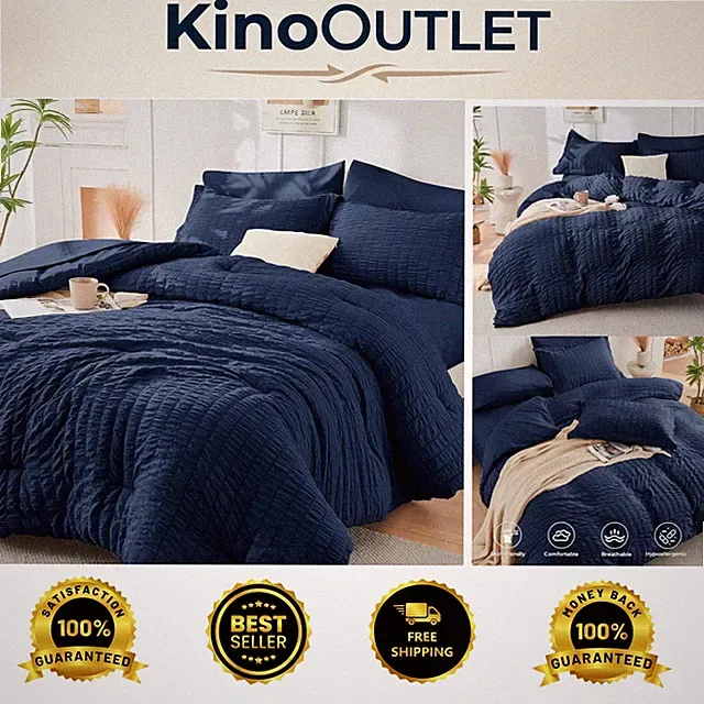 All-Season Navy Blue Queen Seersucker Bedding Set - 7 Pieces of Elegance