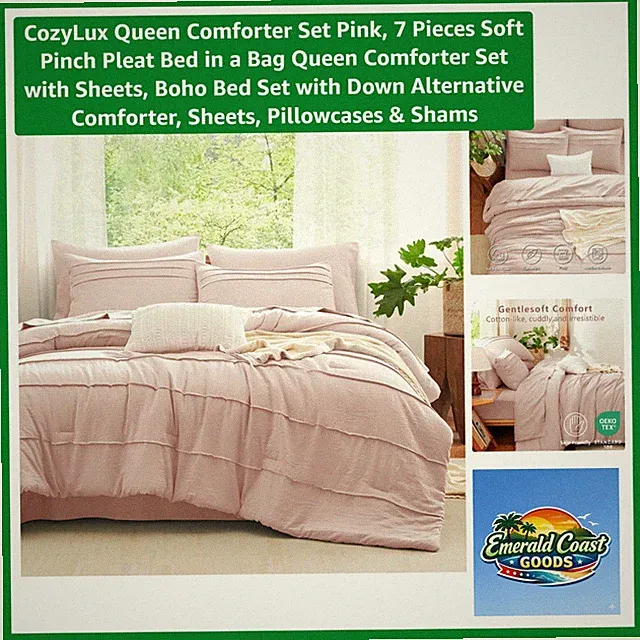 All-Season Pink Queen Comforter Set with Down Alternative Filling - 7 Pieces