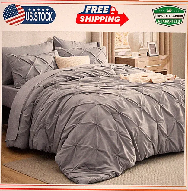 Bedsure Queen Comforter Set, 7 Pieces, Pintuck, Grey, Sheets & Pillowcases