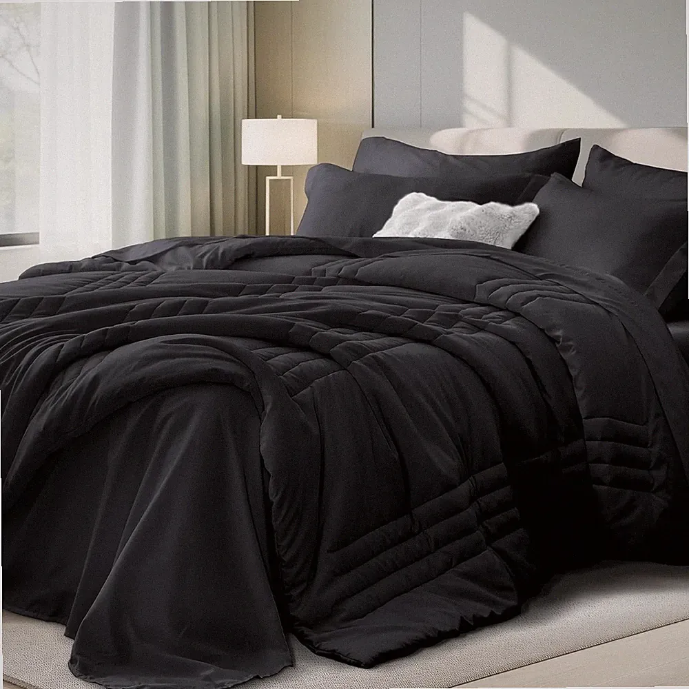 Black Queen Comforter Set 7 Pieces Bed in a Bag Soft Black Bedding Set