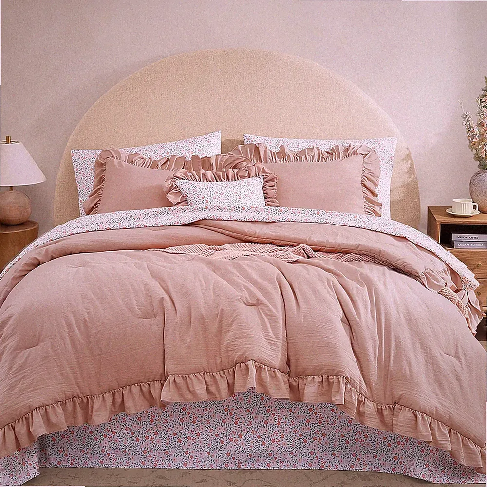 BLOOMHAVEN Queen Comforter Set - 7 Pieces Ruffle Pink Bedding Queen, Rose