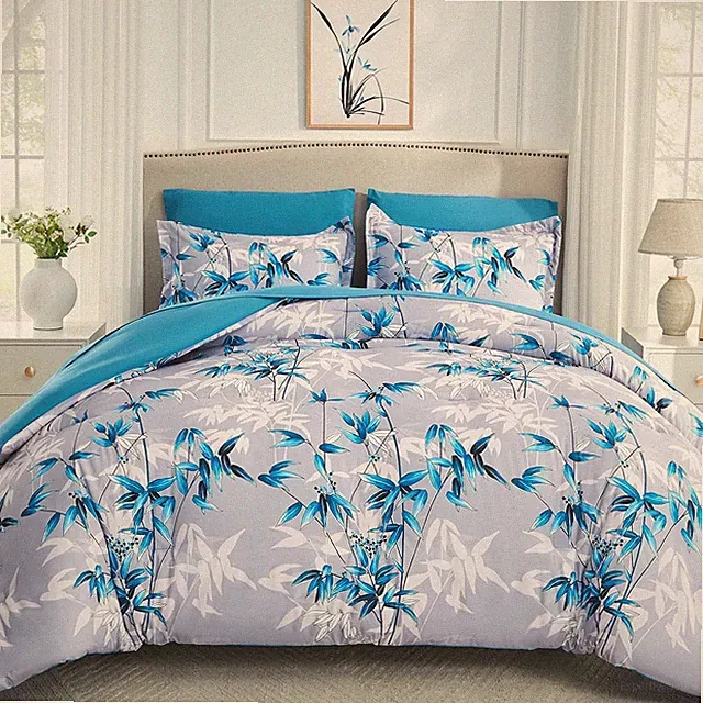 Blue King Size Comforter Set - 7 Piece Bamboo Leaf Bedding for All Seasons