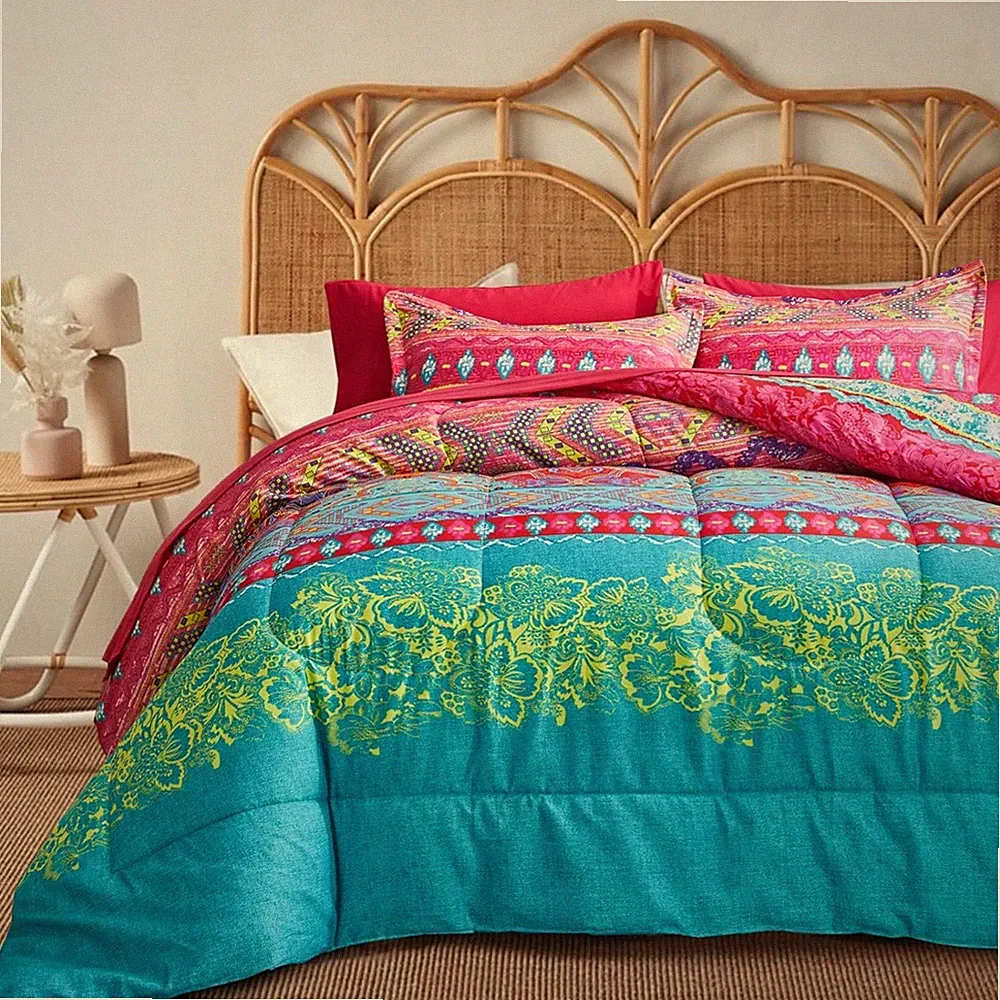 Boho Bed in a Bag 7 Pieces Queen Size, Colorful Bohemian Tribal Style Pink n...
