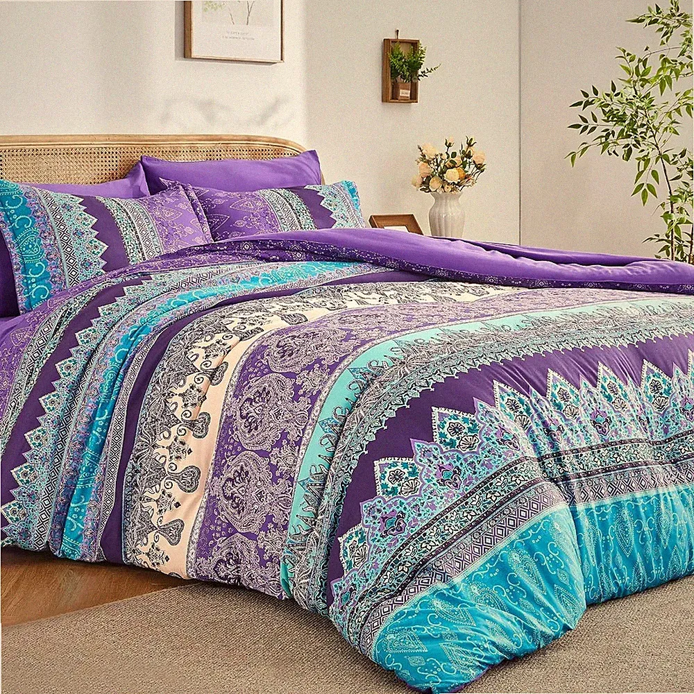 Boho Comforter Set Queen - 7 Pieces Bed in a Bag, Bohemian Striped Comforter Set
