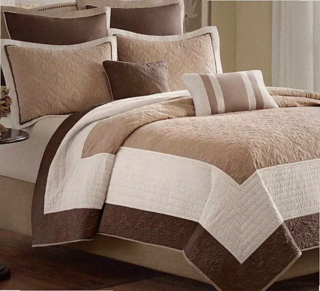 BROWN & IVORY BLOCK 7p Full Queen QUILT SET : MEDALLION MATELASSE COVERLET