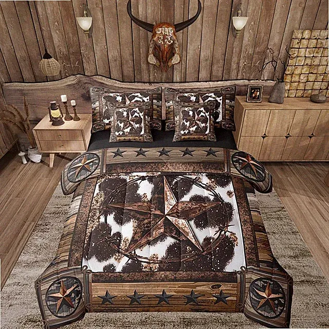 Brown Western Aztec 7 Pieces Bedding Set Queen Size West Texas Star Comforter Se