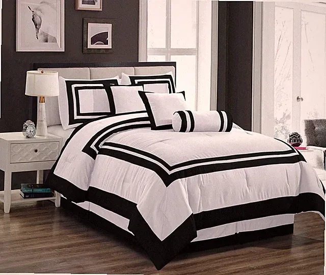 Chezmoi Collection Caprice 7-Piece Hotel Bedding White Black Block Comforter Set