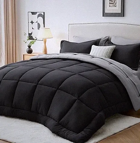 Comforter Set, 7 Pieces Bed in a Bag Complete Bedding Queen Black & Light Grey