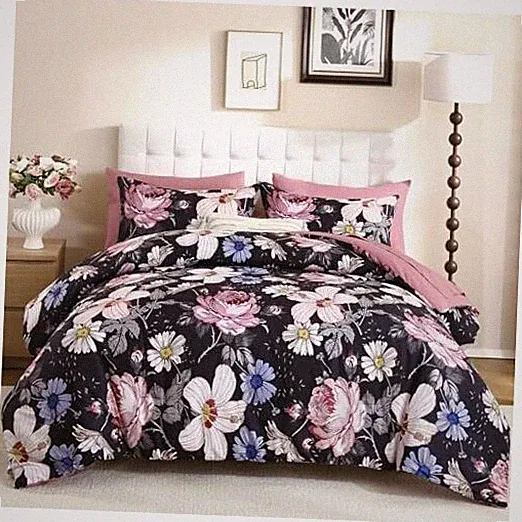 Comforter Set 7 Pieces Bedding Sets,Black Pink Floral Queen Black-pink