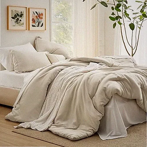 Comforter Set - 7 Pieces Beige Bedding Set Oversized Queen 02 - Beige/White