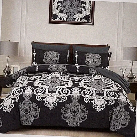 Comforter Set, 7 Pieces Boho Bed in a Bag for Bed Damask Comforter Queen Black