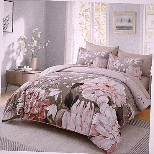 Comforter Set - 7 Pieces Floral Brown Soft Bedding Sets Bed in a Queen Brown 2