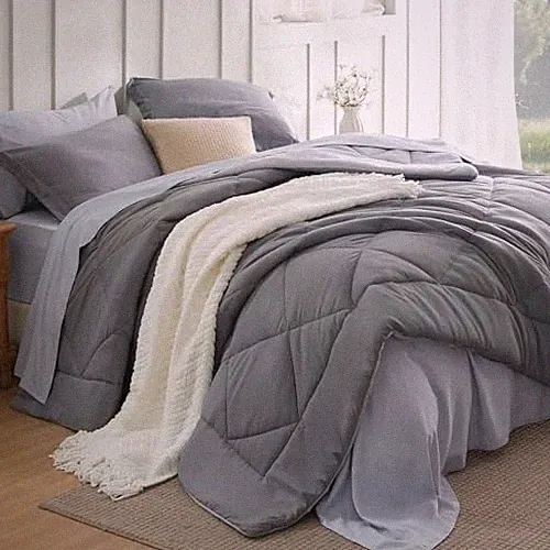 Comforter Set - 7 Pieces Reversible Grey Bedding Oversized Queen 01 - Grey