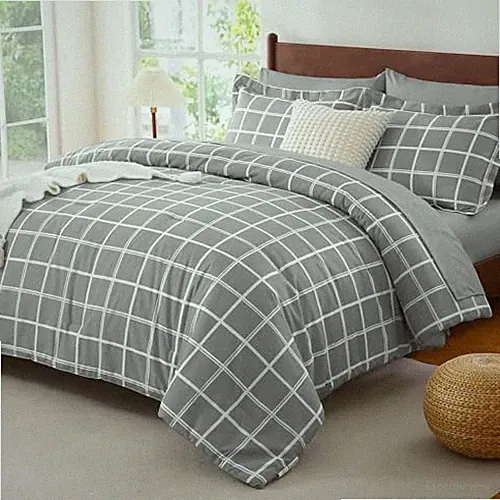 Comforter Set with Sheets - 7 Pieces Plaid Bed in a Bag Set Soft Queen Grey