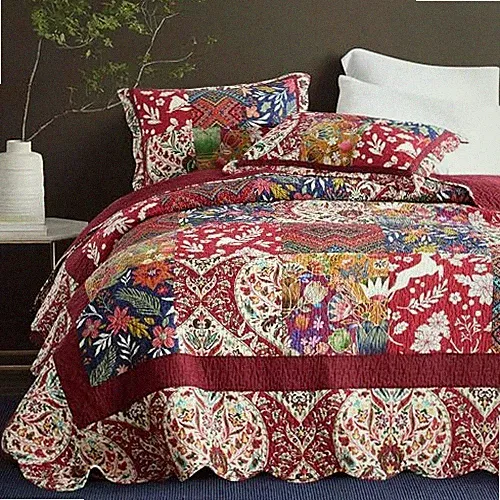 Cotton Bedspread Quilt Bedding Sets 3 Pieces King Gorgeous Red Patchwork