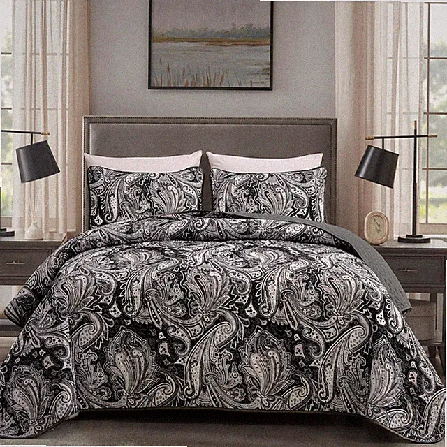 DJY Black Paisley Quilt Set Full Size Boho Bedspread Coverlet Set 3 Pieces, Soft