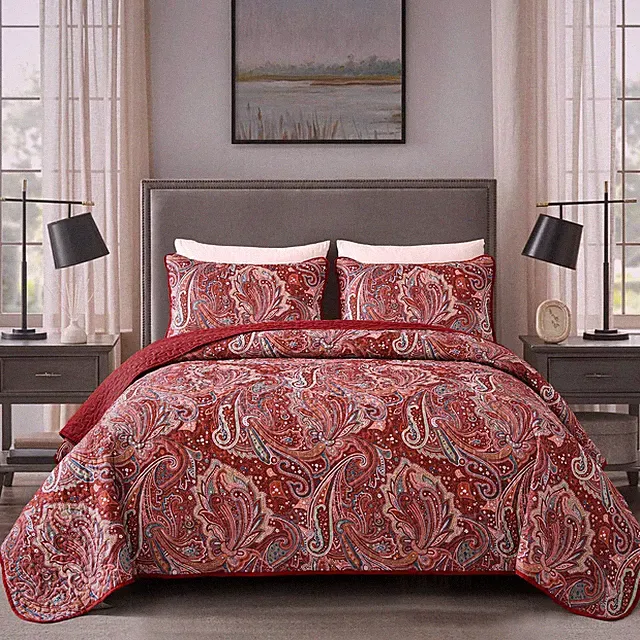 DJY Red Paisley Quilt Set Full Size Boho Quilt Bedspread Set 3 Pieces, Soft Ligh
