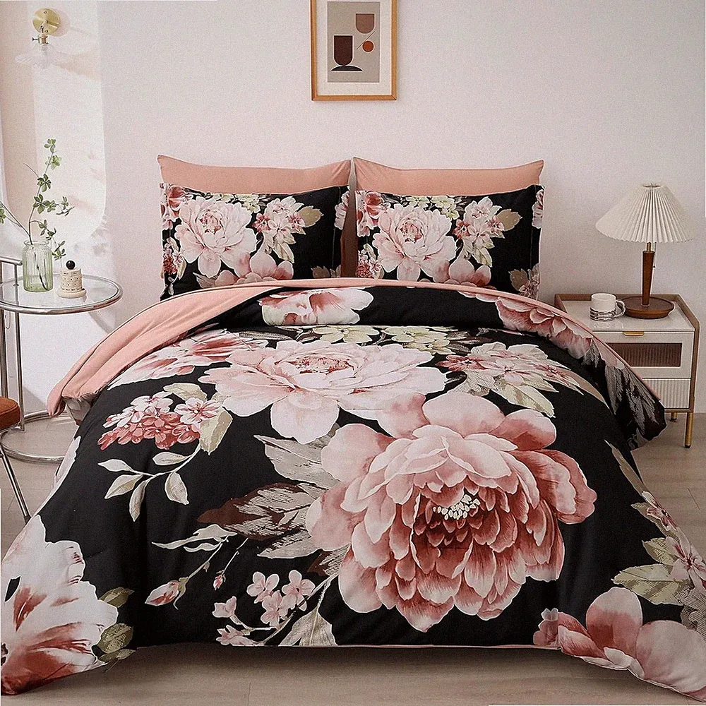 Floral Comforter Set Queen Bed in a Bag Pink Black 7 Piece Bedding Sets (78