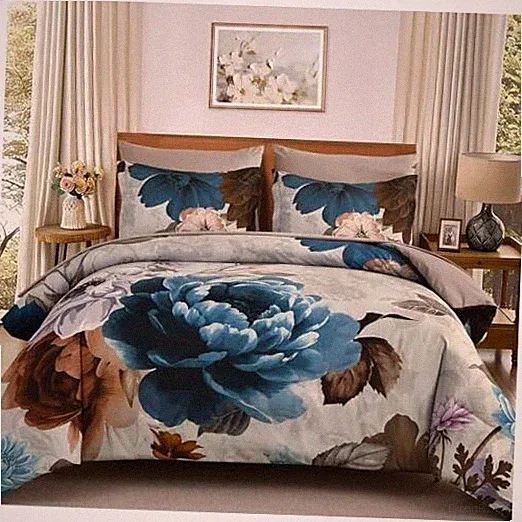 Floral Comforter Set Size, 7 Pieces Bed in a Bag Bedding Set, Queen Grey Blue