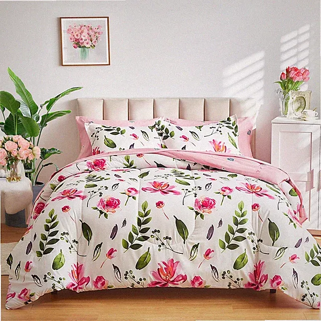 Floral Comforter Sheet Set 7 Pieces Bed in a Bag Queen Size White with Green Lea