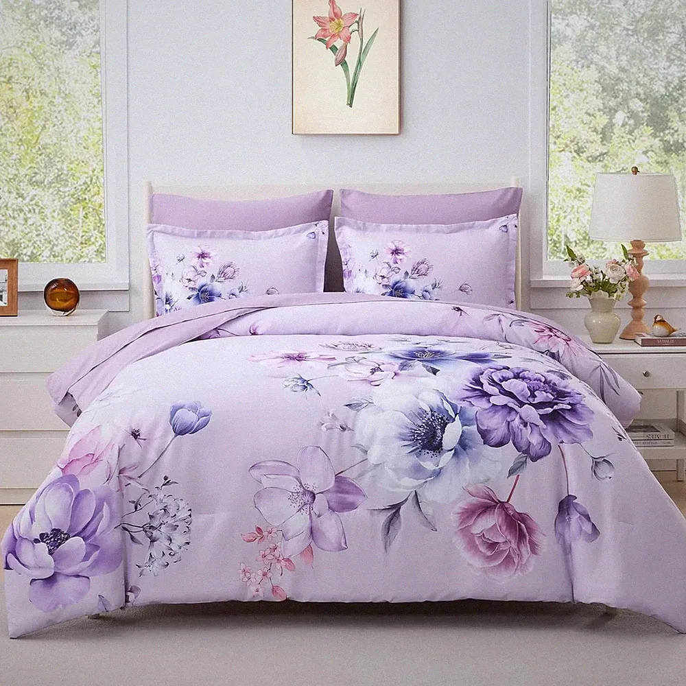 Floral Comforters Queen Size 7 Pieces Botanical Purple Flower Bed in a Bag Ulter