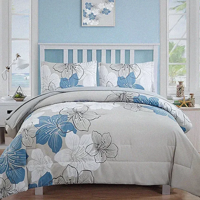 Floral pattern bedding set, blue floral pattern quilt and sheet set, 7-piece set