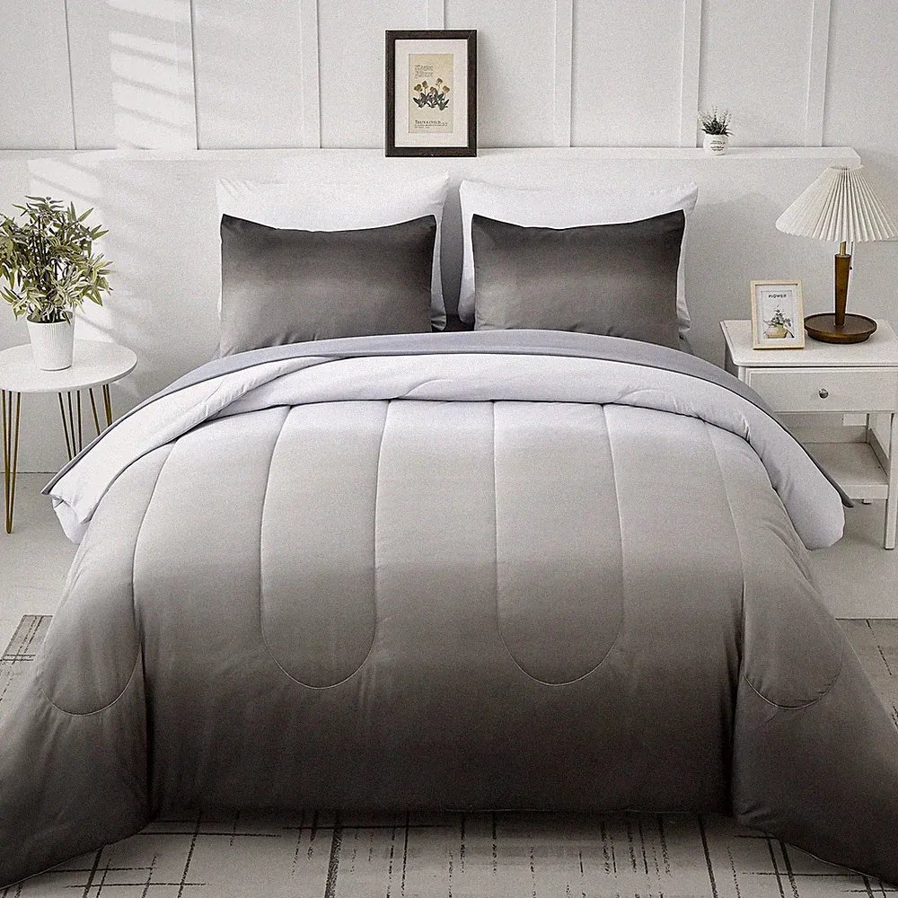 Grey Comforter Set Queen Size 7 Pieces Ombre Effects Gradient Queen