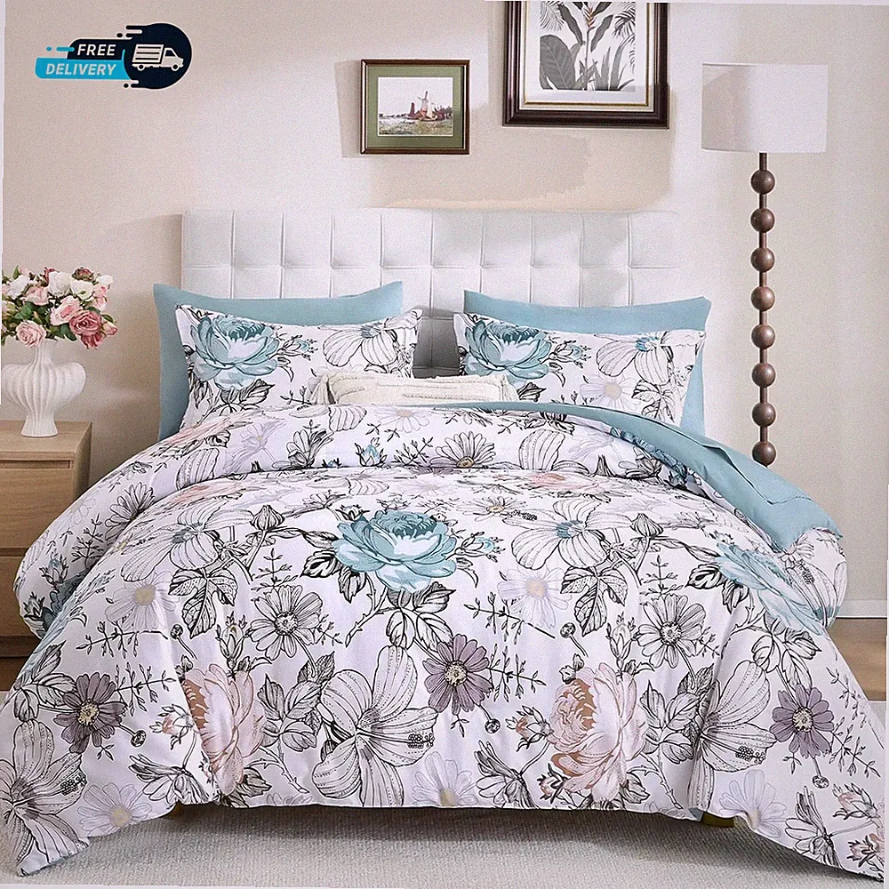 King Comforter Set 7 Pieces Bedding Sets Teal Blue Floral Comforter