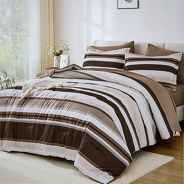 King Size Comforter 7 Pieces, Brown King Comforter Set with Sheets, Striped Bed
