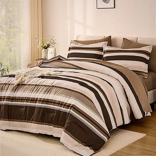 King Size Comforter Set 7 Pieces Brown Striped Bed in a Bag Lightweight Bedding