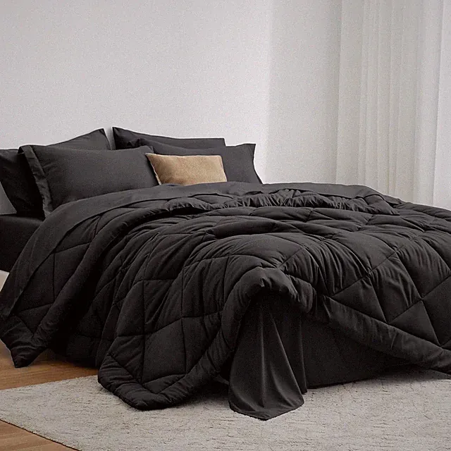 King Size Comforter Set Black, 7 Pieces King Bed in a Bag, All Season Bedding Se