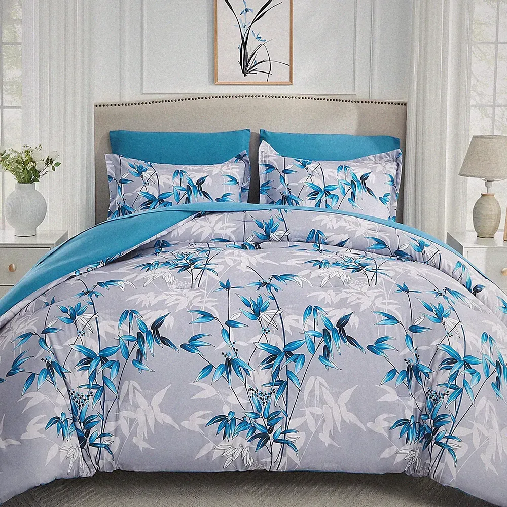 King Size Comforter Set Blue - 7 Pieces Bed in a Bag Botanical Bamboo Leaf Pa...