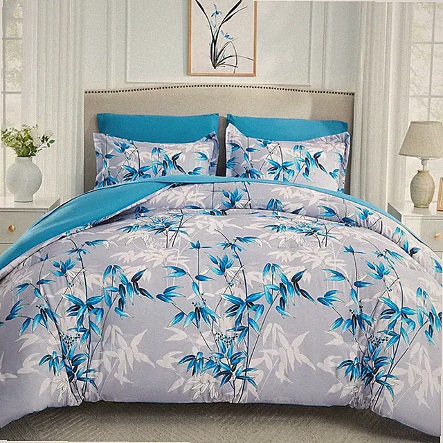 King Size Comforter Set Blue - 7 Pieces Bed in a Bag Botanical Bamboo Leaf Patte