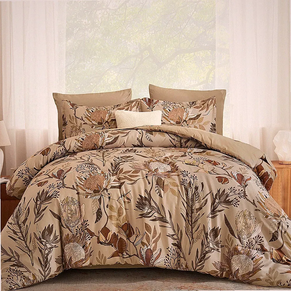 Luxudecor Queen Comforter Set 7 Pieces Bedding Sets, Khaki Floral Comforter a...