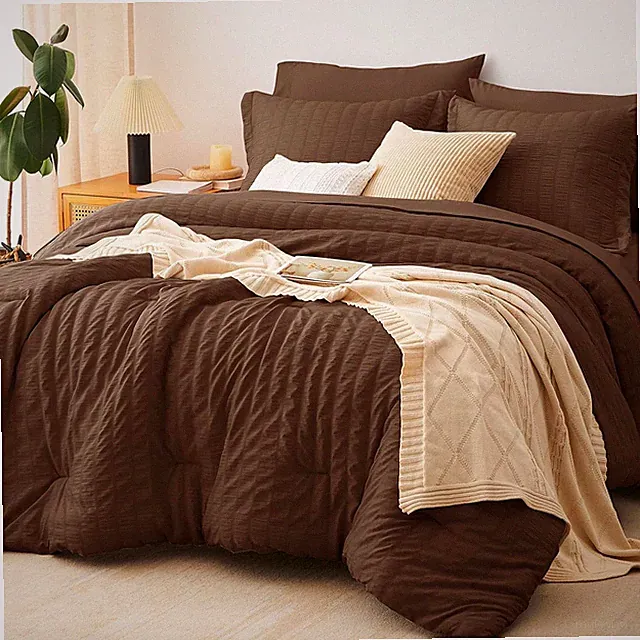 Luxury Brown Seersucker Oversized Queen Comforter Set 7 Pieces Bed in a Bag