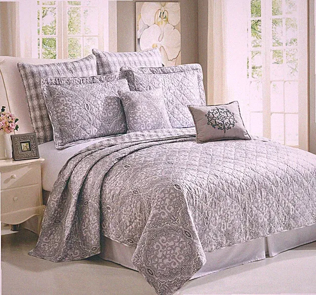 Melody 7Pc Grey Microfiber Bedspread Set Queen Soft Lightweight Printed Bedding