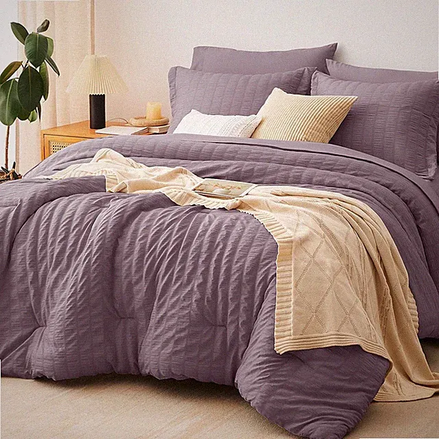 Oversized Queen Comforter Set Dusty Purple Seersucker 7 Pieces 98X98 Bed in a Ba
