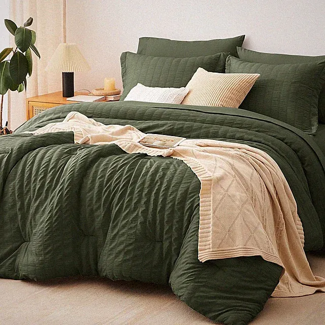 Oversized Queen Comforter Set Olive Green Seersucker 7 Pieces 98X98 Bed in a Bag