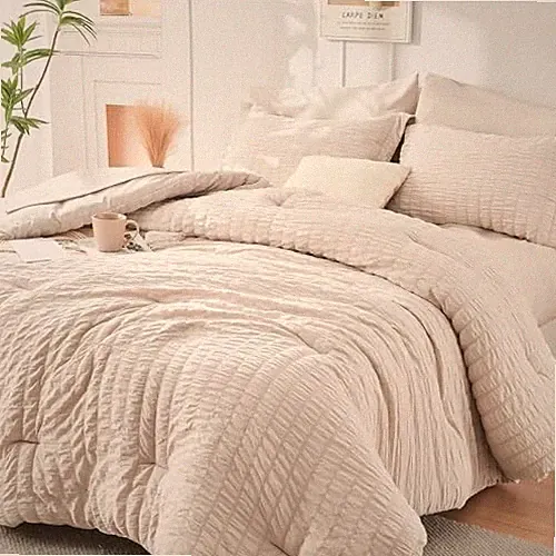 Oversized Queen Comforter Set Seersucker 7 Oversized Queen(98"x 98") Beige