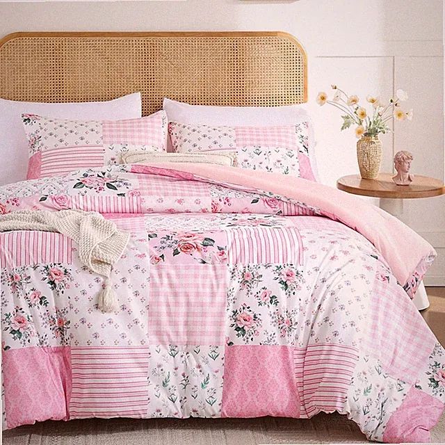 Pink Floral Patchwork Queen Comforter Set Spring Bedding Bed In A Bag 7pc