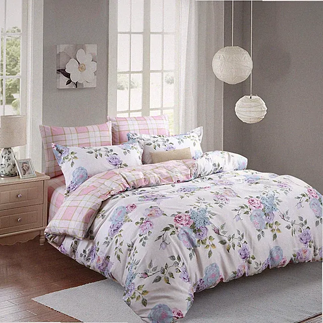 Pink Purple Roses Cotton Bed Sets: 3pc Duvet Cover Set + 4pc Sheet Set All Sizes