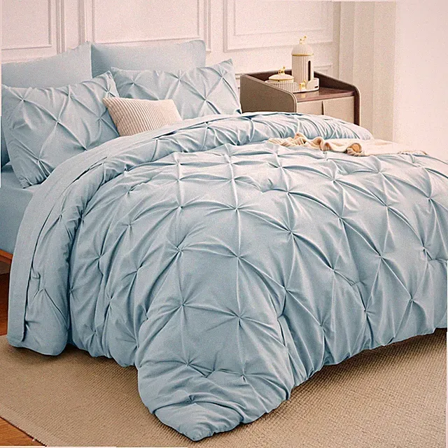 Pintuck Bed in a Bag 7 Pieces Queen Size Light Blue HIMEET Comforter Pinch Pleat