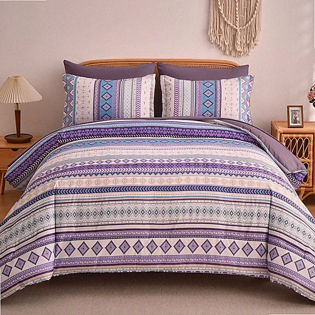 Purple Boho Style Striped Comforter Set 7 Pieces, Queen Size Aztec Bed in a Bag