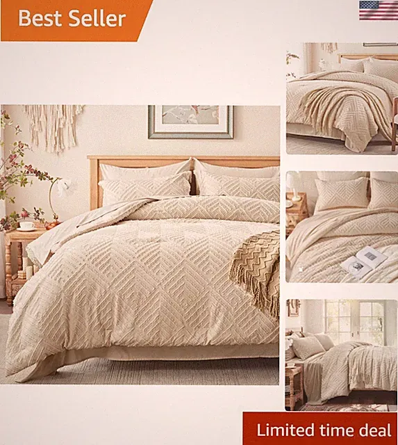 Queen Comforter Set 7 Pieces, Beige Bed in a Bag Queen Size, Tufted Boho Bedd...