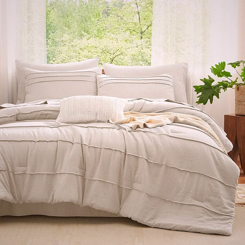 Queen Comforter Set 7 Pieces, Beige Boho Bed in a Bag with Sheets & Pillows