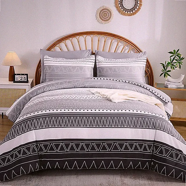 Queen Comforter Set 7 Pieces, Boho Grey White Geometric Striped Comforter for Qu